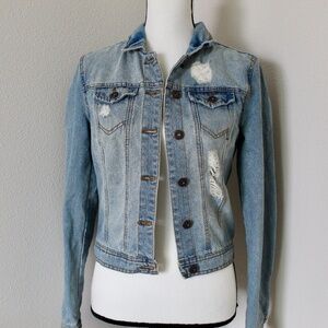 Light Wash Distressed Classic Fit Denim Jacket
